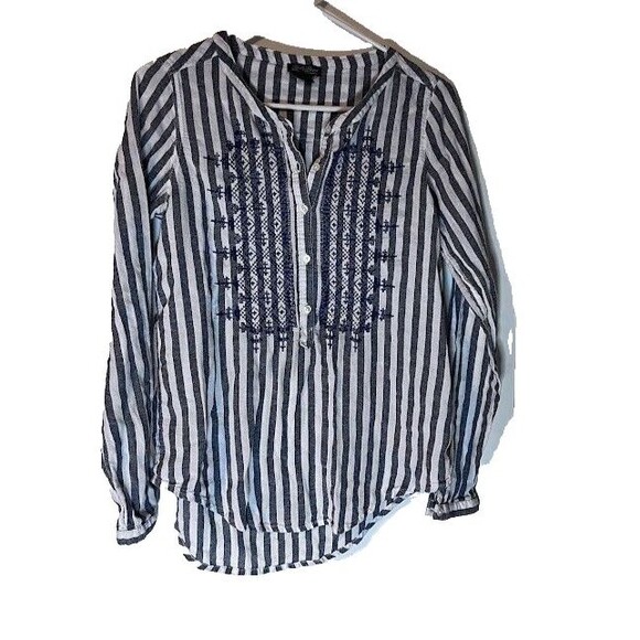 Lucky Brand Top S White Blue Stripe Embroidered Boho Chic Long Sleeve Blouse - Picture 1 of 3